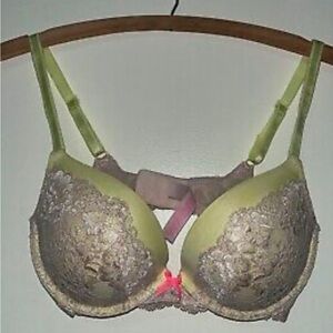 This is a Victoria's Secret push-up bra in neon yellow/dusty pink lace.
